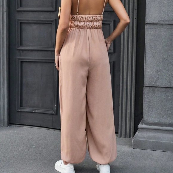 Khaki Casual Womens Solid Slant Pocket Cami Jumpsuit - Picture 3 of 5